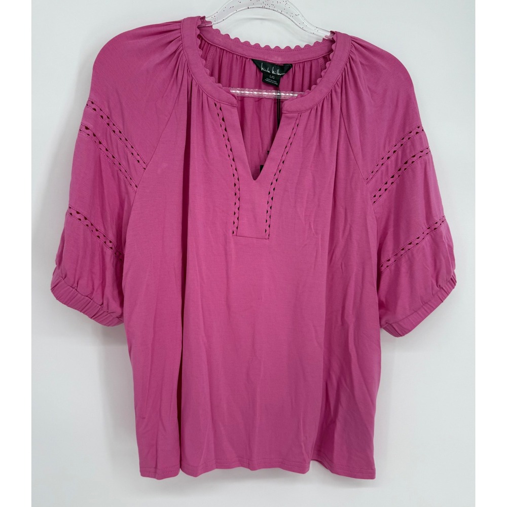 Nicole Miller Super Pink Eyelet Ladder Stitch Split Neck Blouse Sz L Orig. $58
